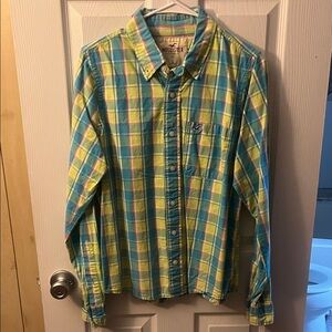 Hollister Women's Vibrant Plaid Button Down Shirt - Blue and Yellow